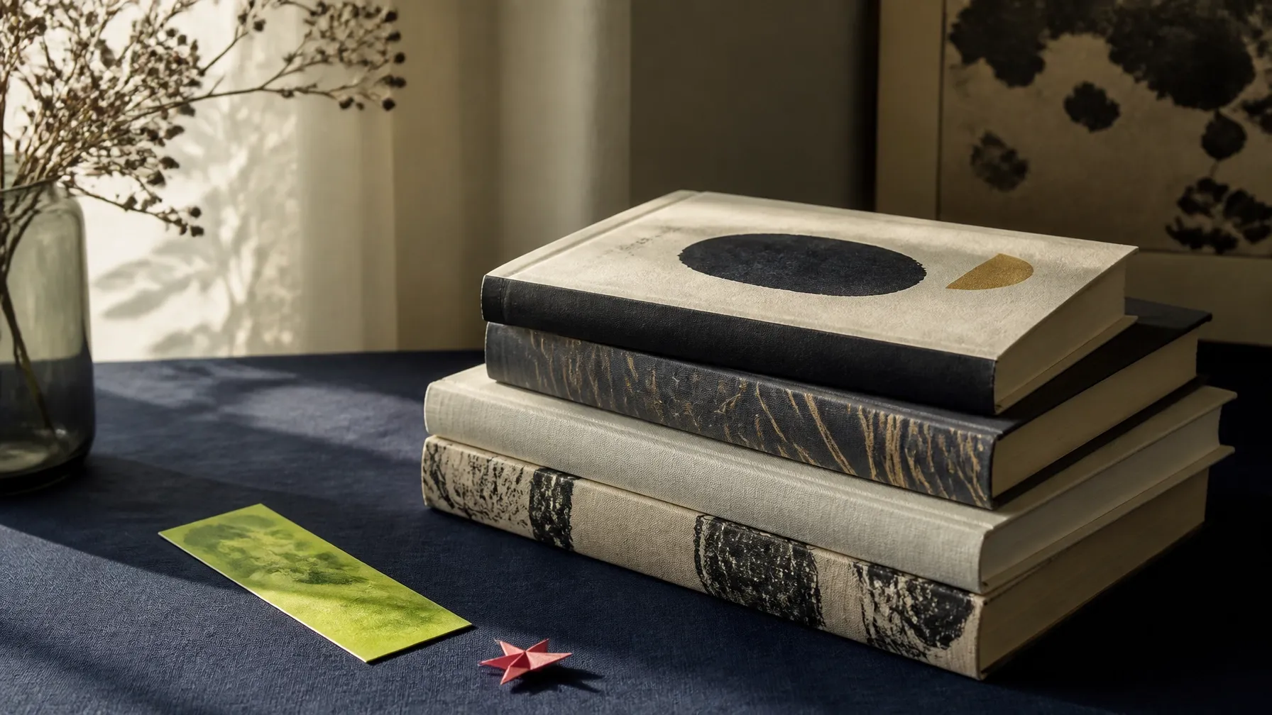 A stack of books with a lime bookmark and pink paper star