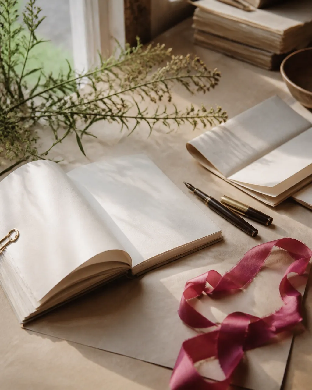 Notebook, manuscript pages, and a fountain pen on a sunlit desk